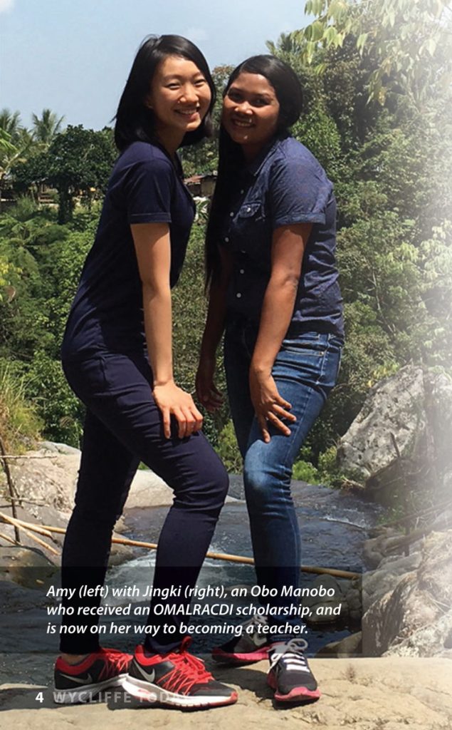 Amy (left) with Jingki (right), an Obo Manobo who received an OMALRACDI scholarship, and is now on her way to becoming a teacher.