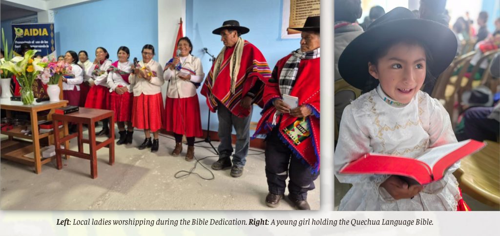 Left: Local ladies worshipping during the Bible Dedication. Right: A young girl holding the Quechua Language Bible.