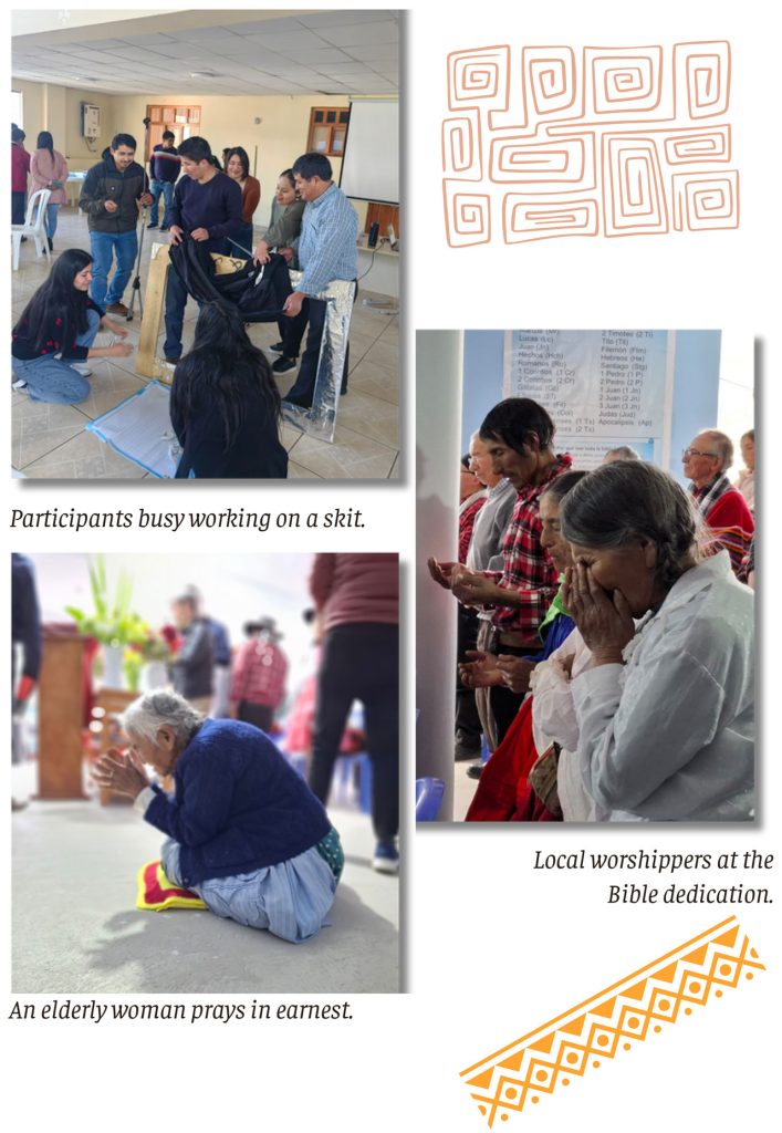 Participants busy working on a skit.

An elderly woman prays in earnest.

Local worshippers at the Bible dedication.