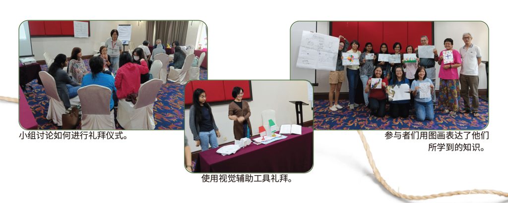 小组讨论如何进行礼拜仪式。 使用视觉辅助工具礼拜。 参与者们用图画表达了他们 所学到的知识。